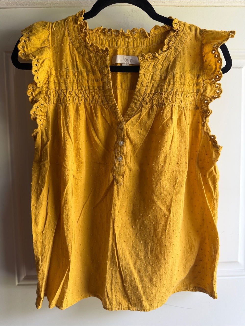 LOFT Yellow Eyelet Smocked Sleeveless Shell